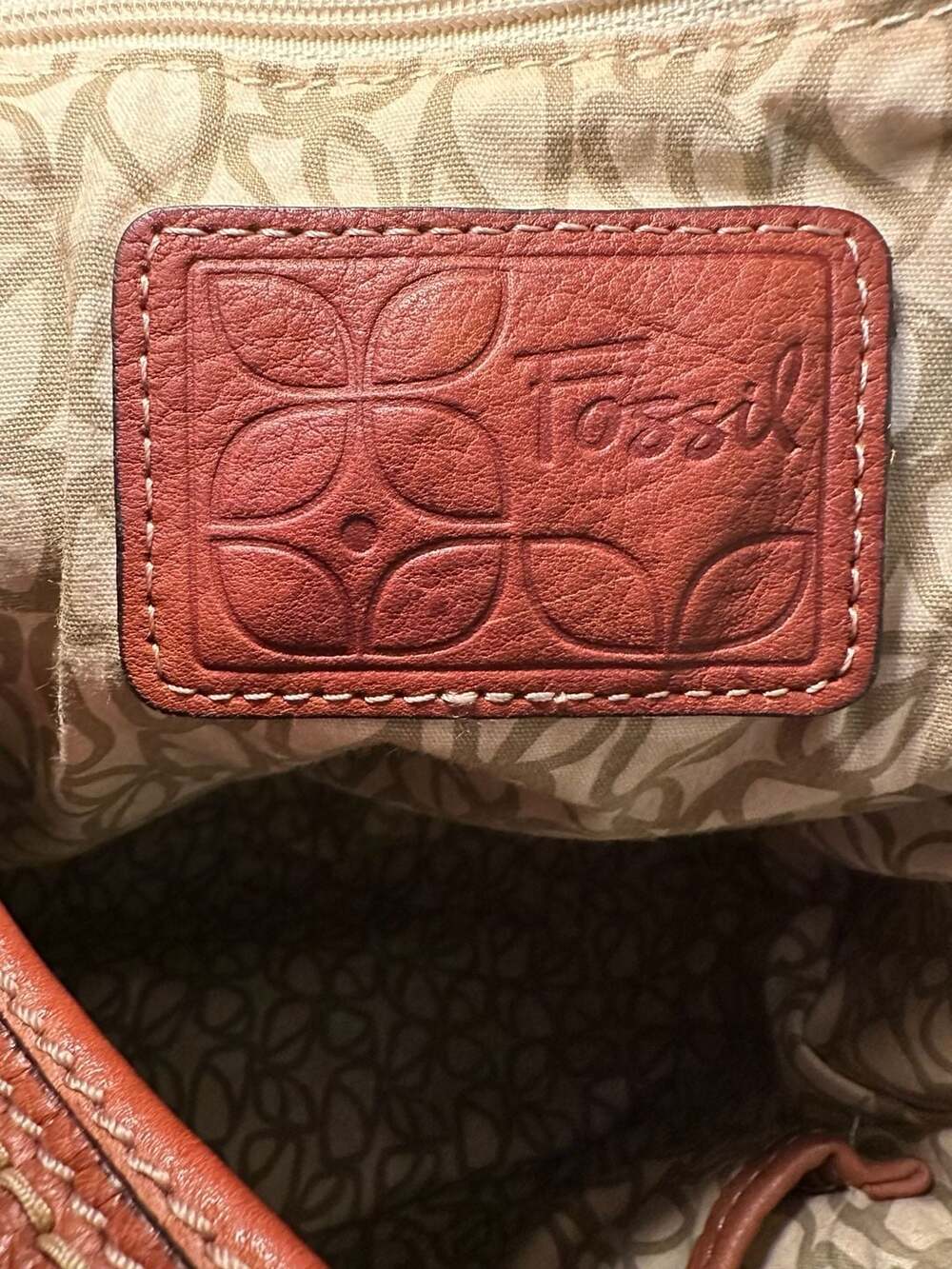 Fossil Brown Leather Hobo Shoulder Bag with Embossed Floral and Textured Details - Picture 12 of 13